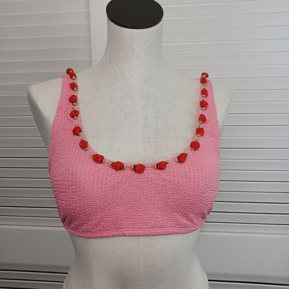 Betsey Johnson Scrunch Bunch Rose Bikini Top Pink Rosettes - Picture 3 of 11